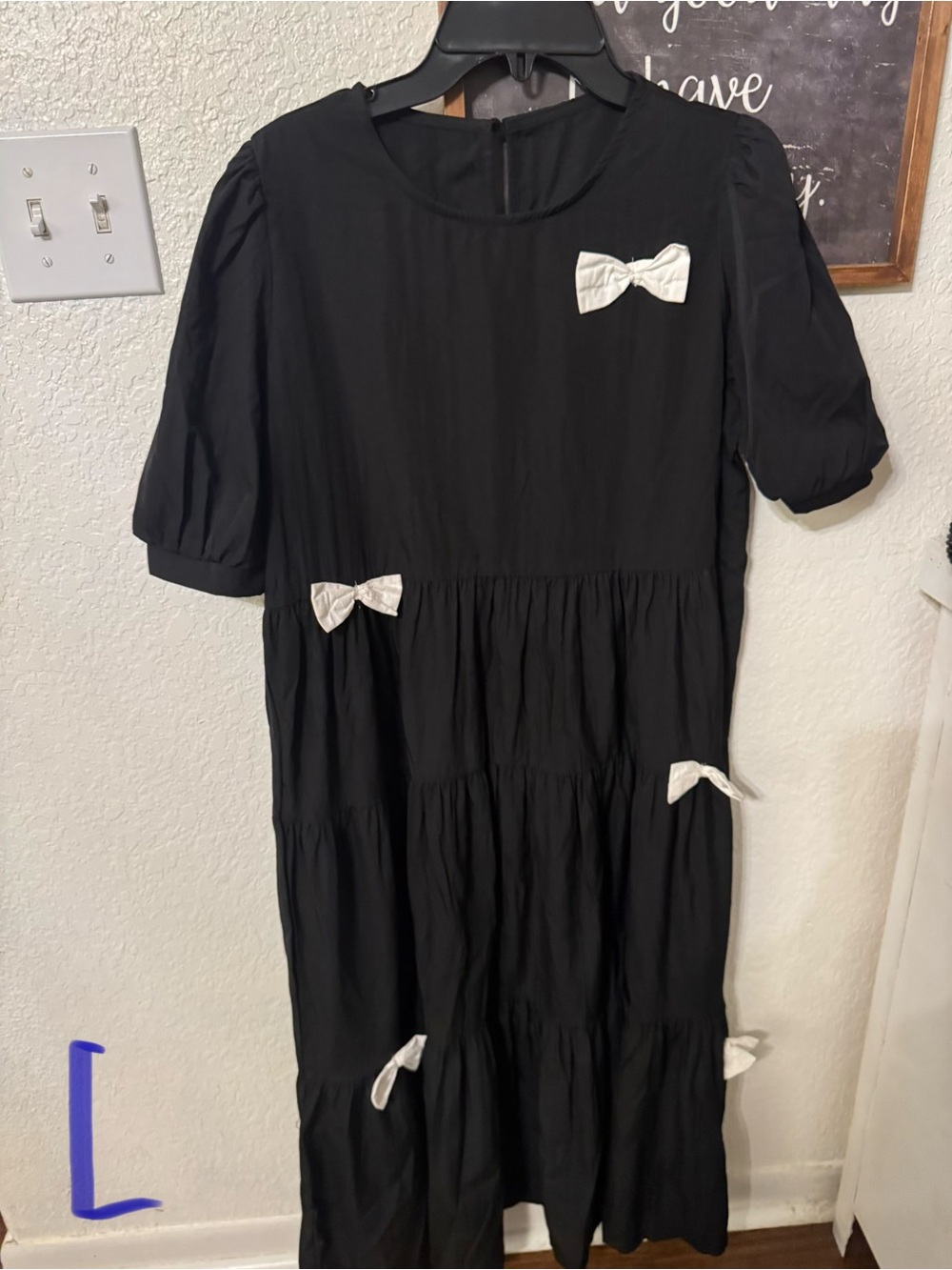 Women’s  Black Tiered Dress with White Bow Accents